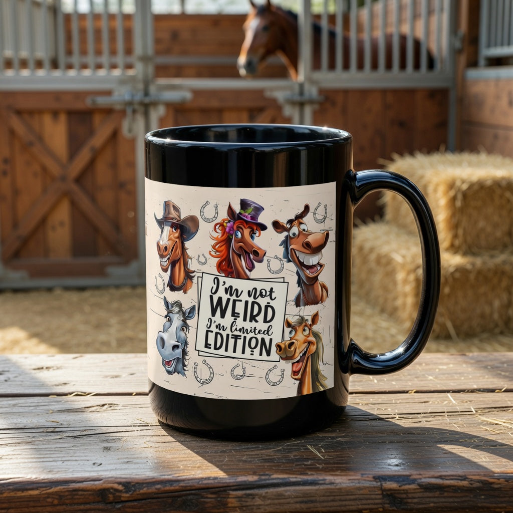 Black ceramic mug with cartoon horses and the text I'm not weird I'm limited edition.