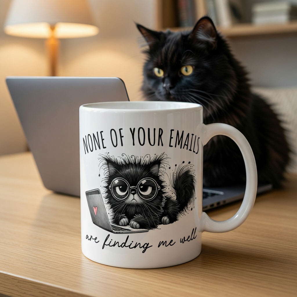 White ceramic mug with a grumpy cat illustration and the text None of your emails are finding me well.