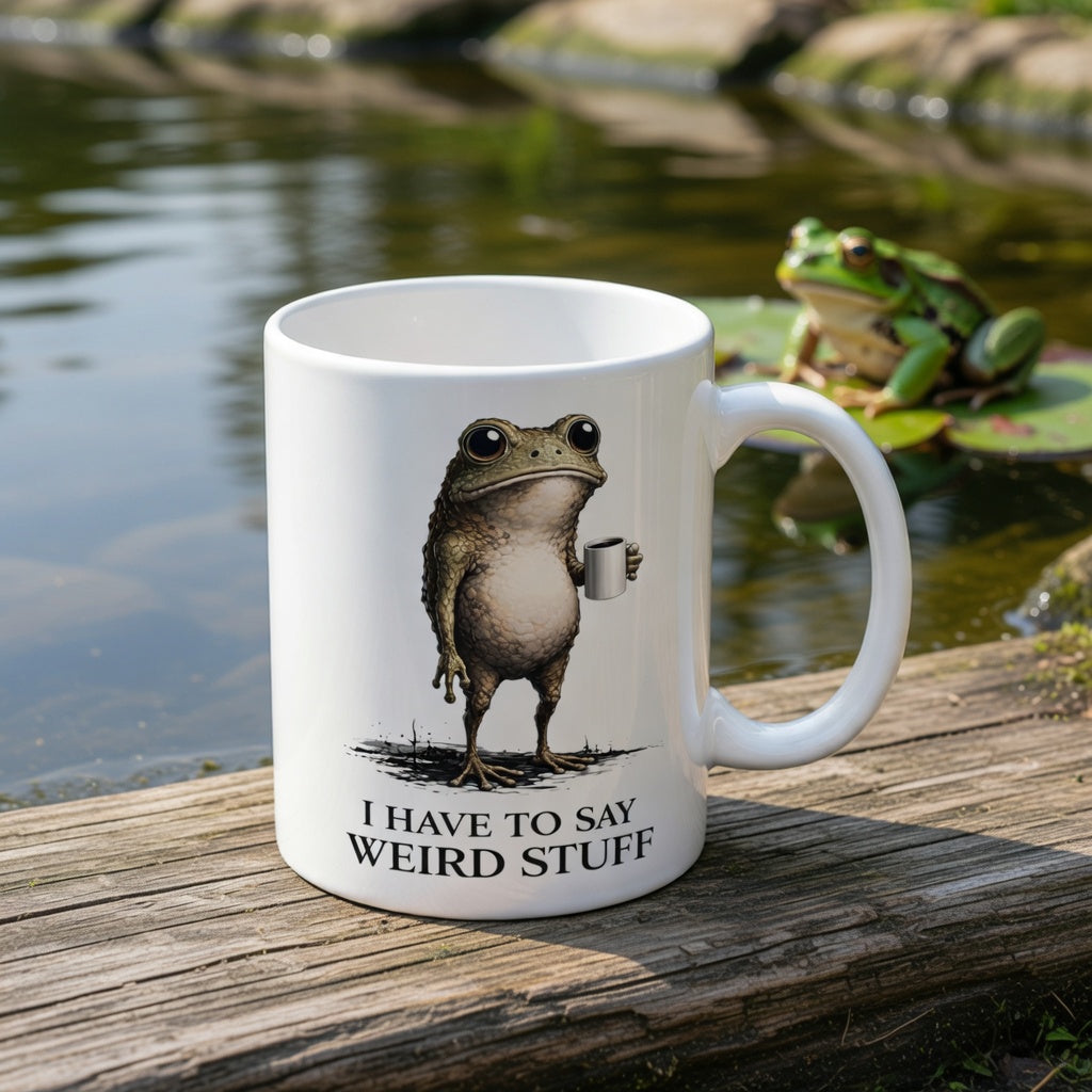 White ceramic mug featuring a frog holding a cup and the text I HAVE TO SAY WEIRD STUFF.