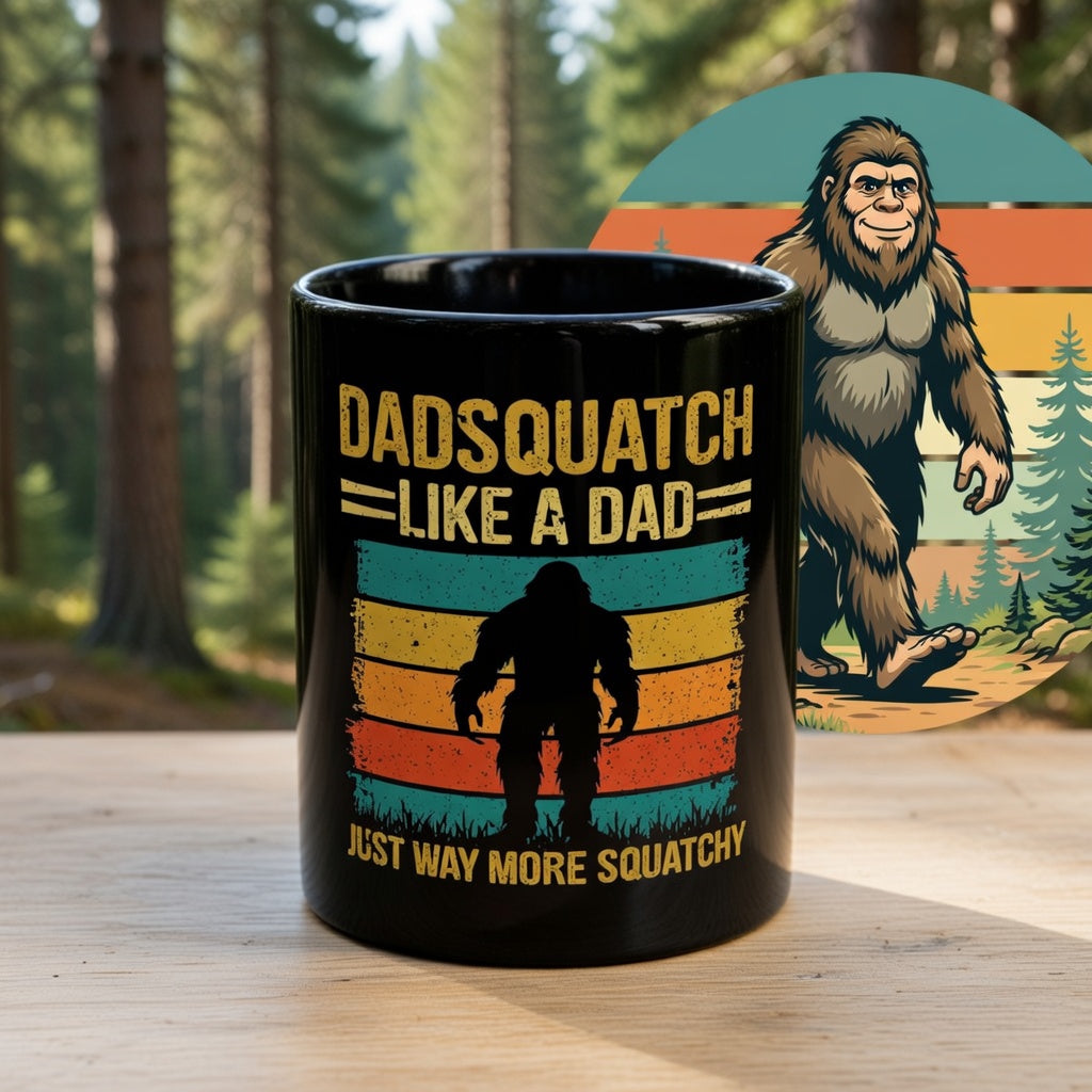 Black ceramic mug with a retro Dadsquatch design and a cartoon Bigfoot illustration.