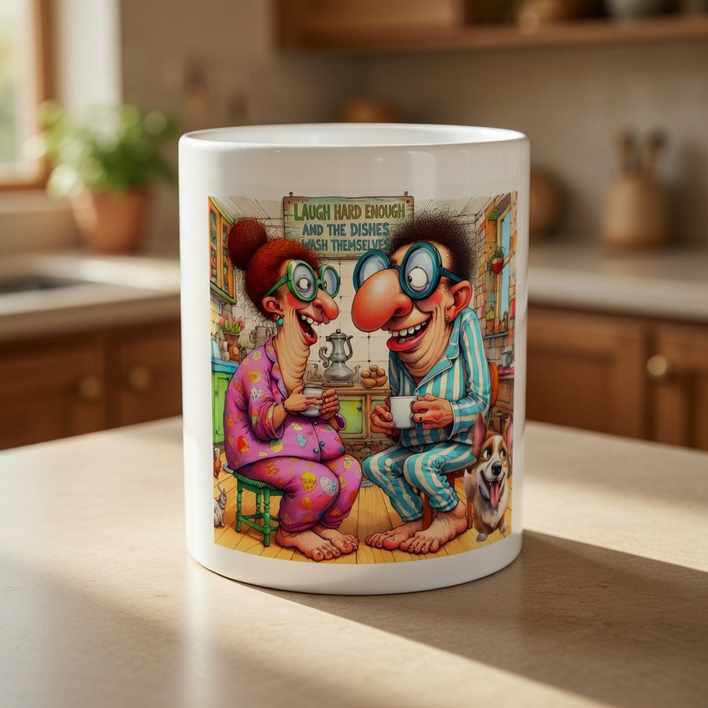 White ceramic mug featuring a retro cartoon of an elderly couple in pajamas laughing in a kitchen.