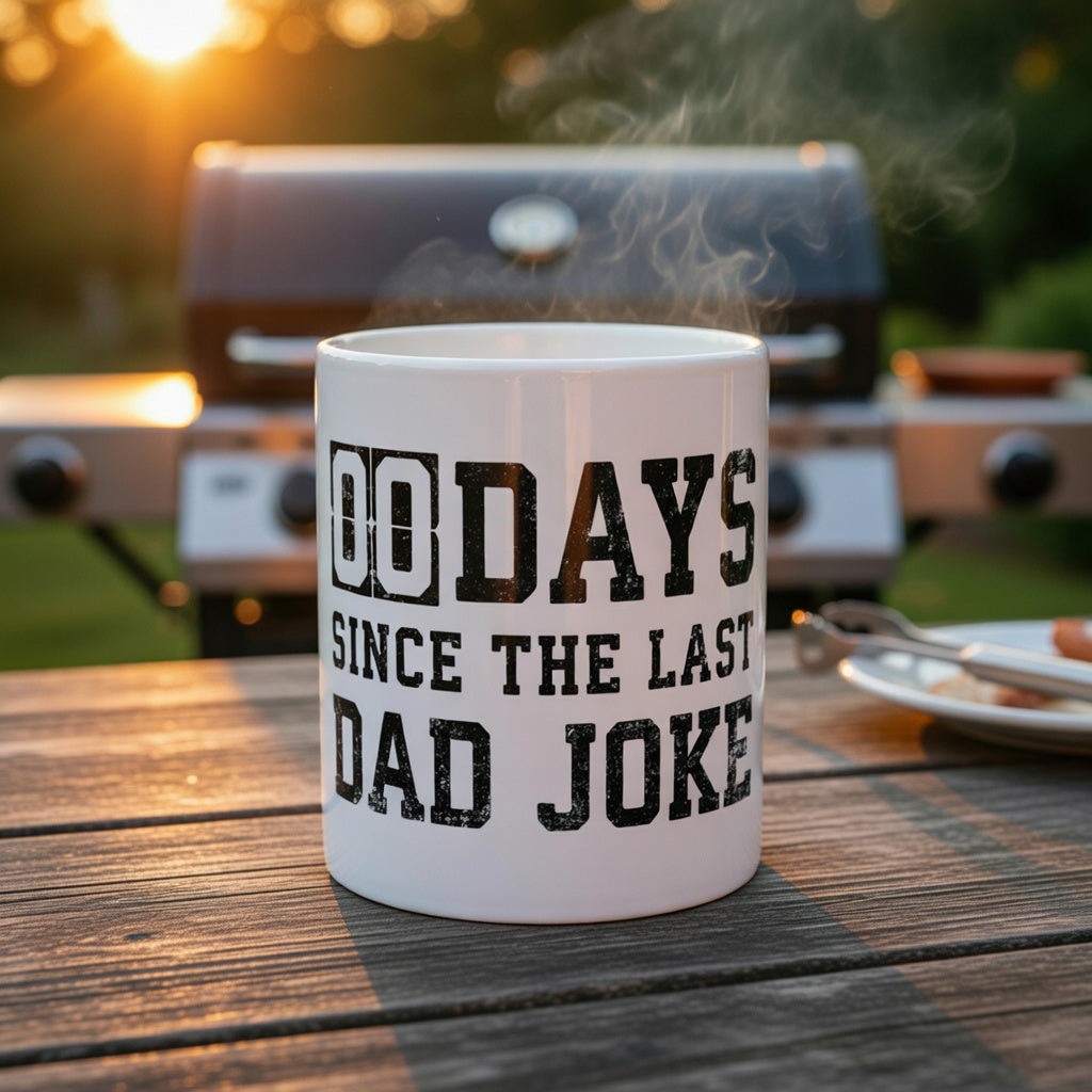 White ceramic mug with 00 Days Since The Last Dad Joke text on a wooden table by a grill.
