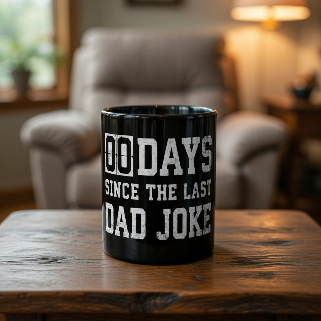 Black coffee mug with white text reading 00 Days Since The Last Dad Joke on a wooden table.