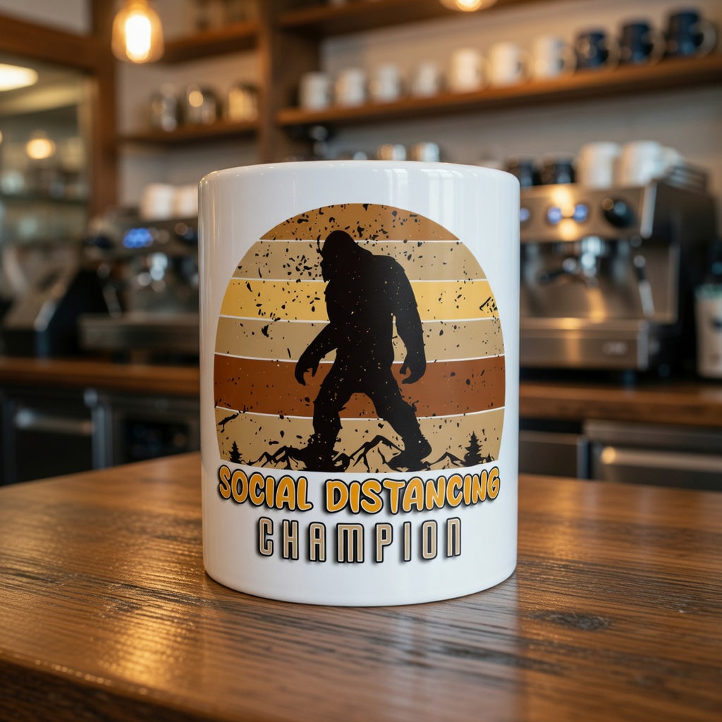 White coffee mug featuring a retro Bigfoot silhouette and the text Social Distancing Champion.