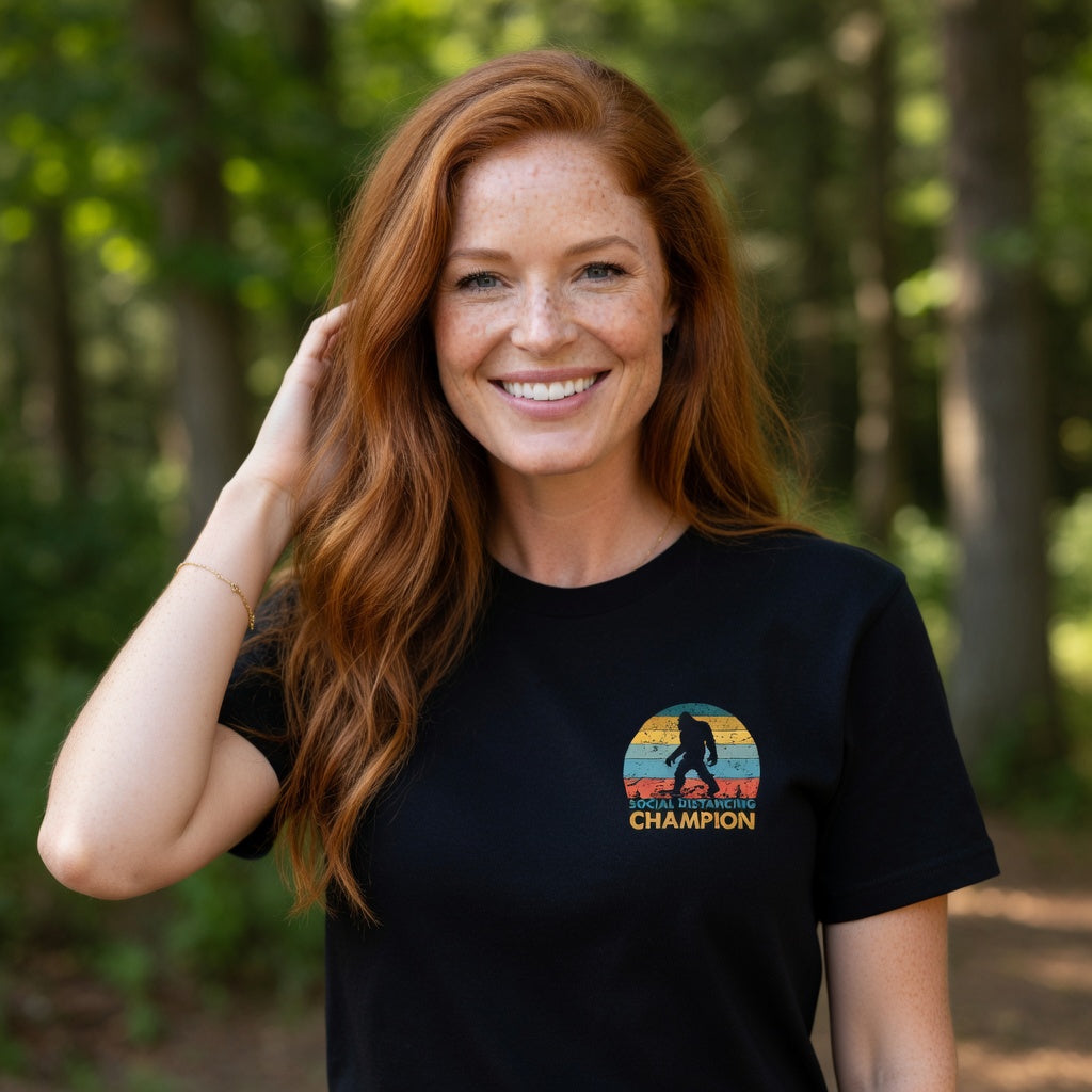 Woman wearing a black t-shirt with a retro Bigfoot Social Distancing Champion graphic.