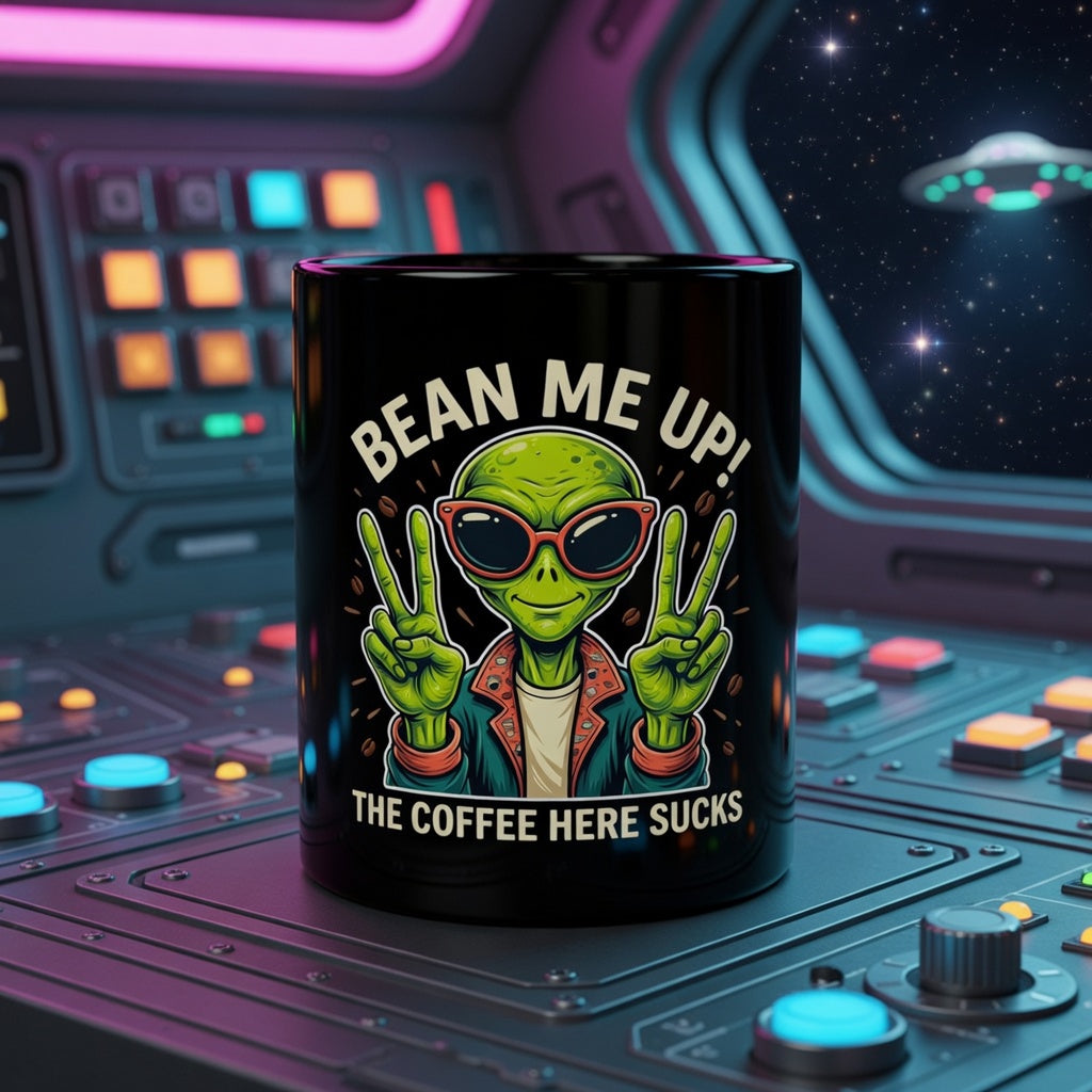 Black ceramic mug with a cartoon alien and the text Bean Me Up! The Coffee Here Sucks.