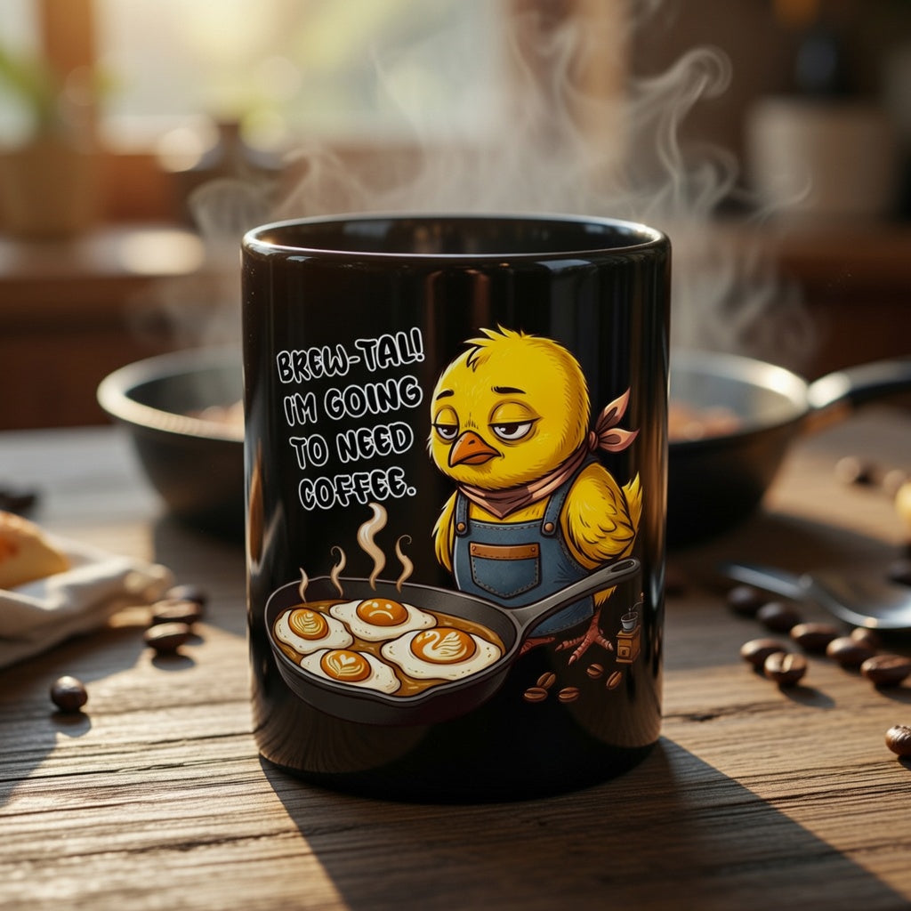 Black ceramic mug featuring a tired chick cooking eggs with the text Brew-Tall! I'm Going To Need Coffee.