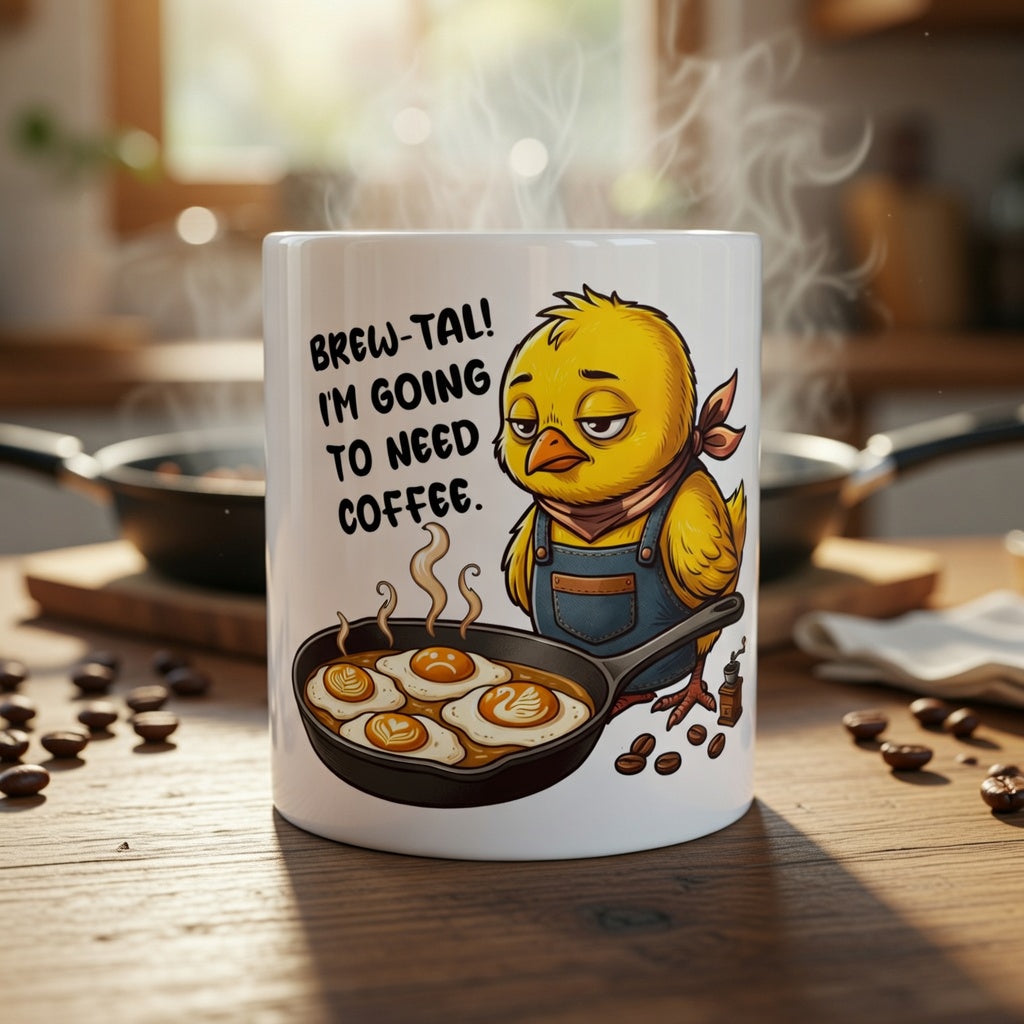 White coffee mug featuring a tired chicken in an apron cooking eggs with the text Brew-tal.