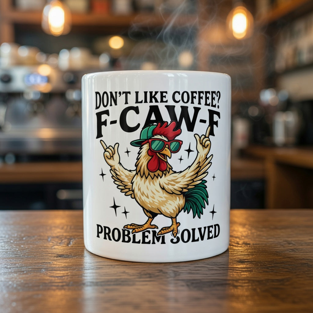 White ceramic mug with a cartoon rooster and the text Don't Like Coffee? F-CAW-F Problem Solved.