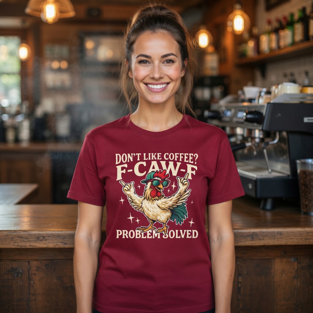 A woman wears a maroon t-shirt featuring a rooster graphic and the text Don't Like Coffee? F-CAW-F.