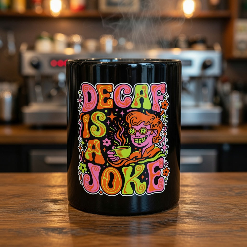 Black ceramic coffee mug with retro psychedelic design and text reading Decaf Is a Joke.