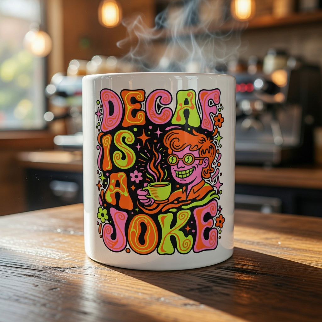 White ceramic coffee mug featuring retro psychedelic art and the text Decaf Is a Joke.