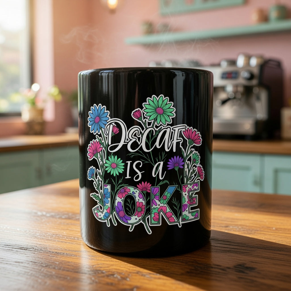Black ceramic mug with floral designs and the text Decaf is a Joke on a wooden table.