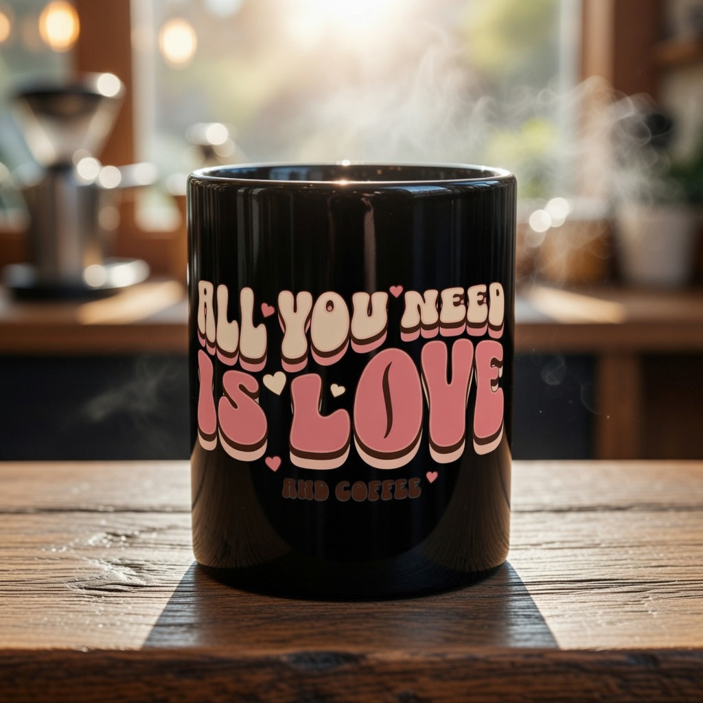 Black ceramic mug with retro pink bubble lettering that reads All You Need Is Love and Coffee.