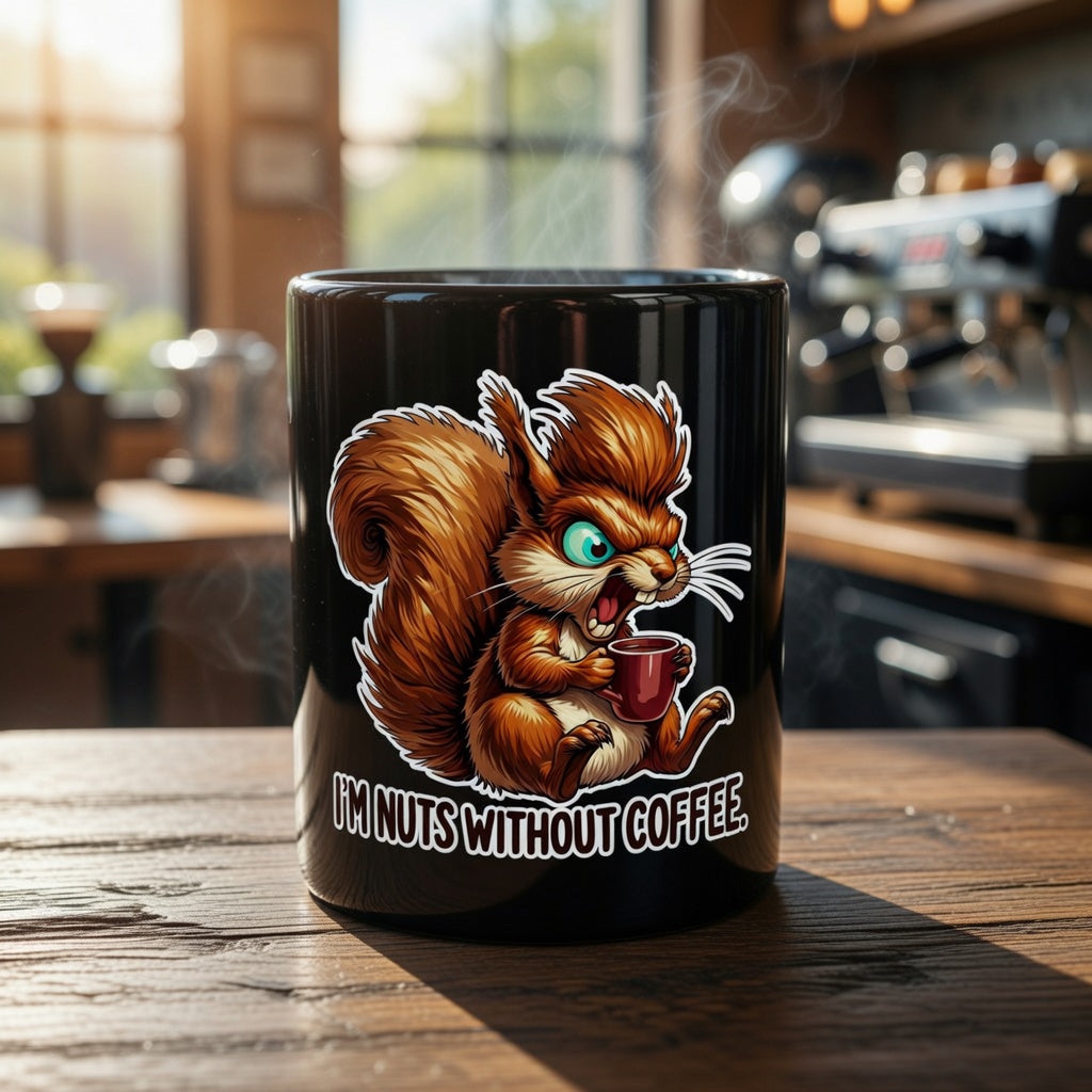 Black ceramic mug featuring an angry squirrel holding a coffee cup with the text I'M NUTS WITHOUT COFFEE.