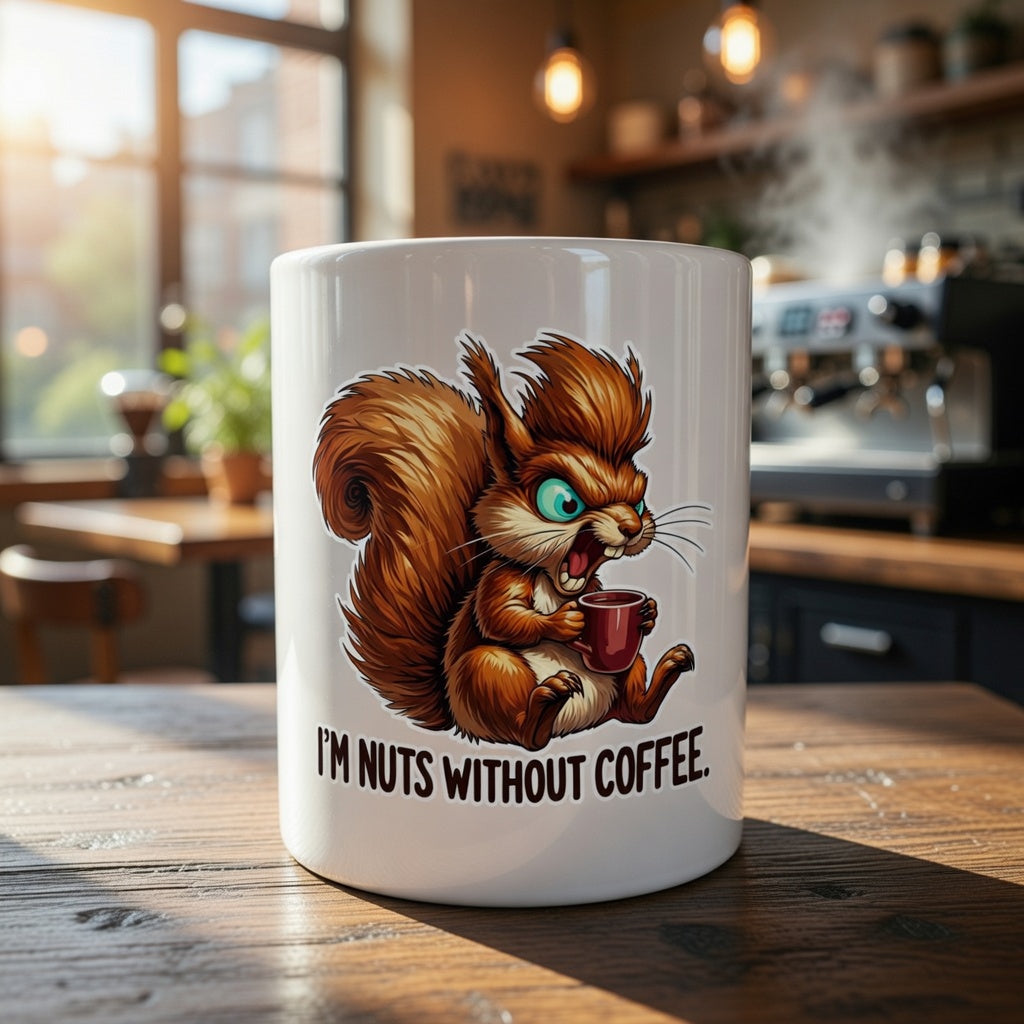 White coffee mug featuring a cartoon squirrel holding a cup with the text I'M NUTS WITHOUT COFFEE.