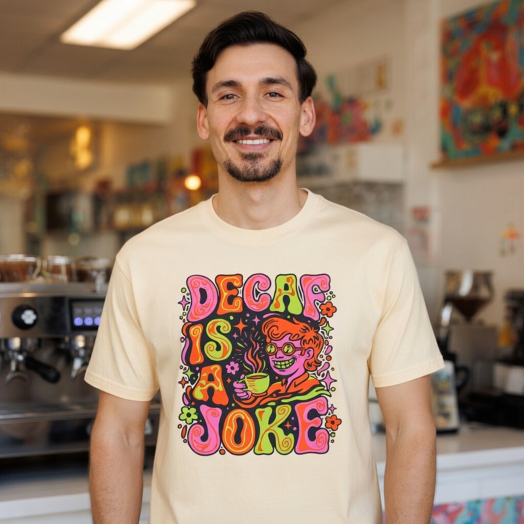 A man wearing a cream t-shirt with a colorful psychedelic graphic that says Decaf Is A Joke.