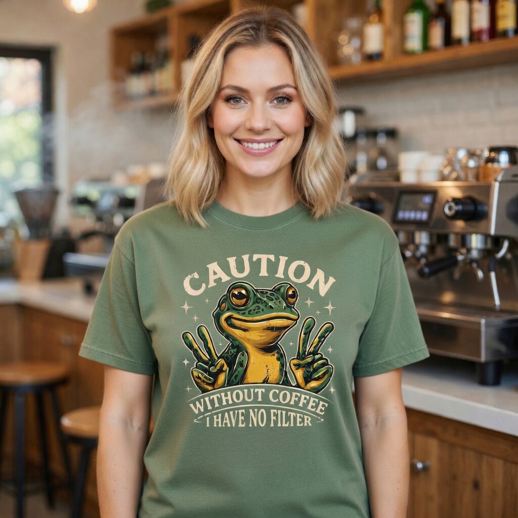 Olive green t-shirt featuring a frog making peace signs with the text Caution Without Coffee.