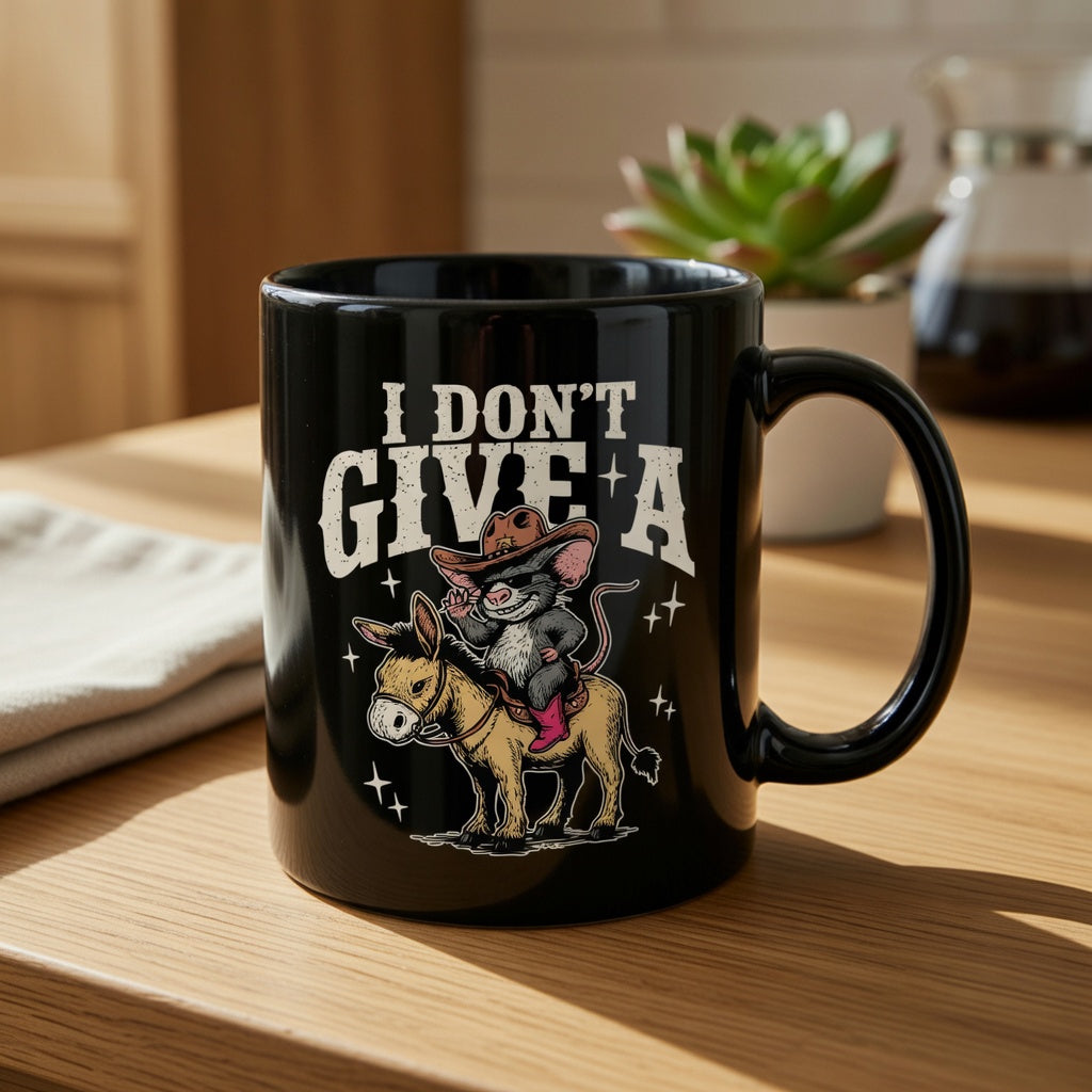 Black coffee mug featuring a cowboy mouse on a donkey with the text I Don't Give A.