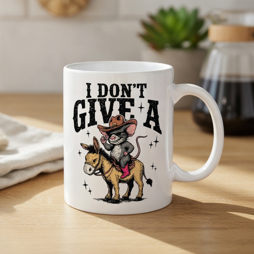 A white ceramic mug featuring a cartoon mouse riding a donkey with the text I DON'T GIVE A.