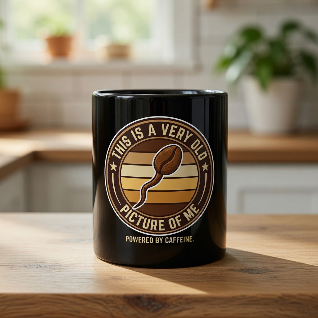 Black ceramic coffee mug with a graphic of a coffee bean shaped like a sperm cell.