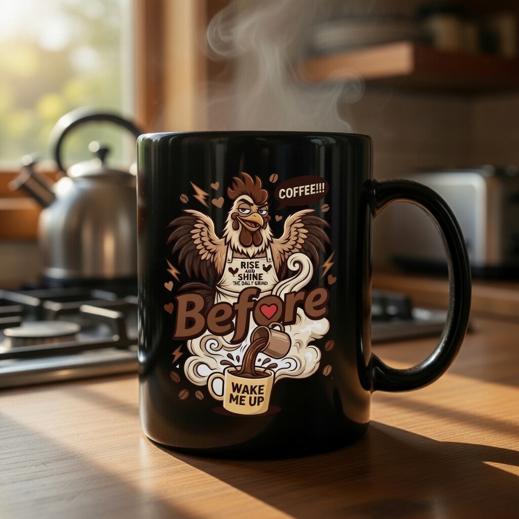 Black ceramic mug featuring a cartoon rooster graphic with the text Before and Wake Me Up.