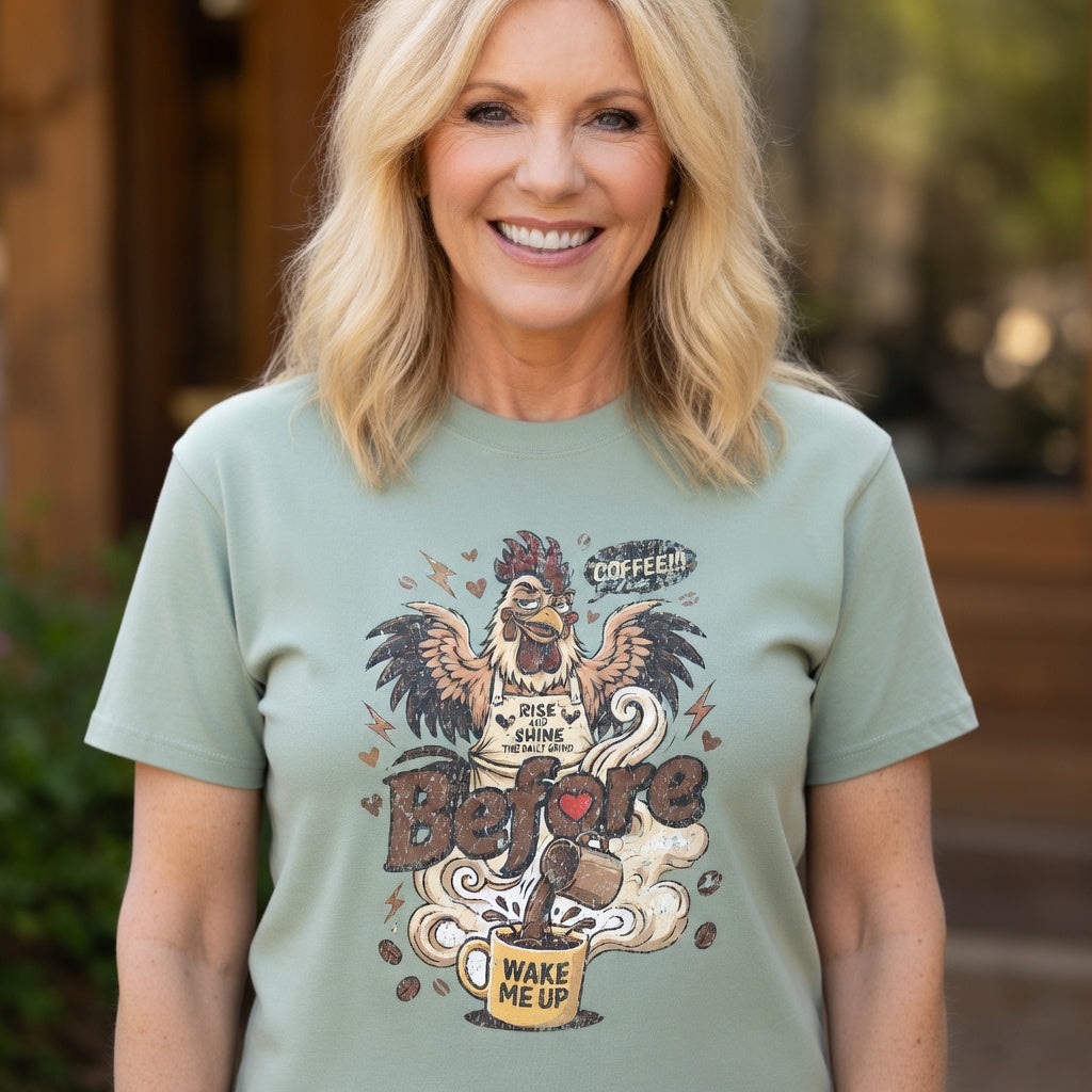 A woman wearing a sage green t-shirt with a distressed rooster graphic and coffee-themed text.