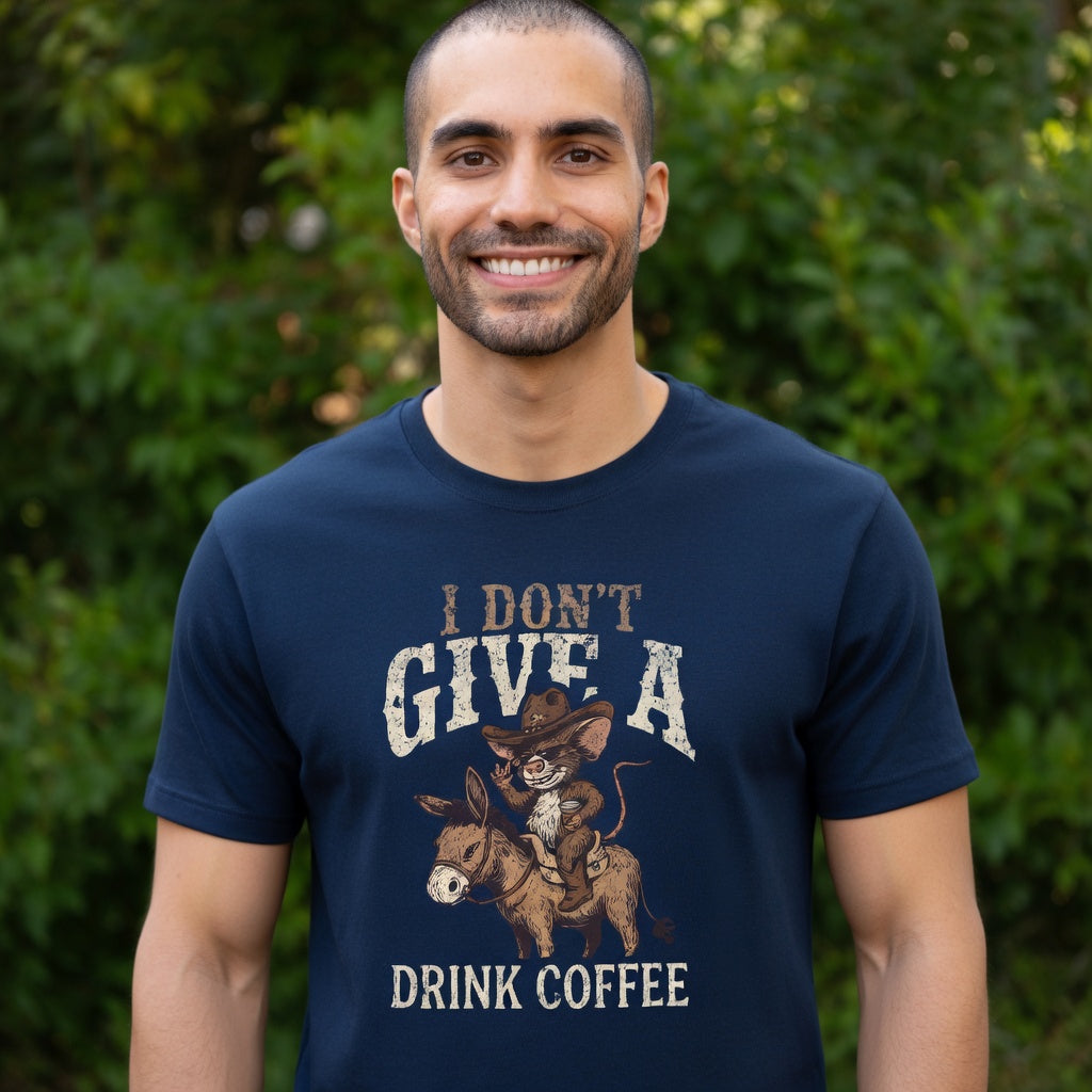 A man wearing a navy blue t-shirt with a distressed graphic of a rat riding a donkey.