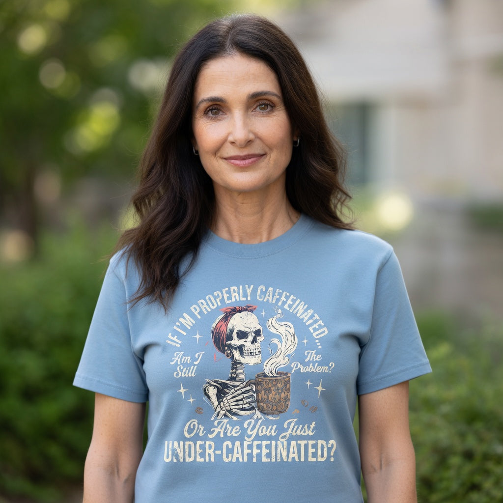 A woman wearing a blue t-shirt with a skeleton graphic holding a coffee mug and text.