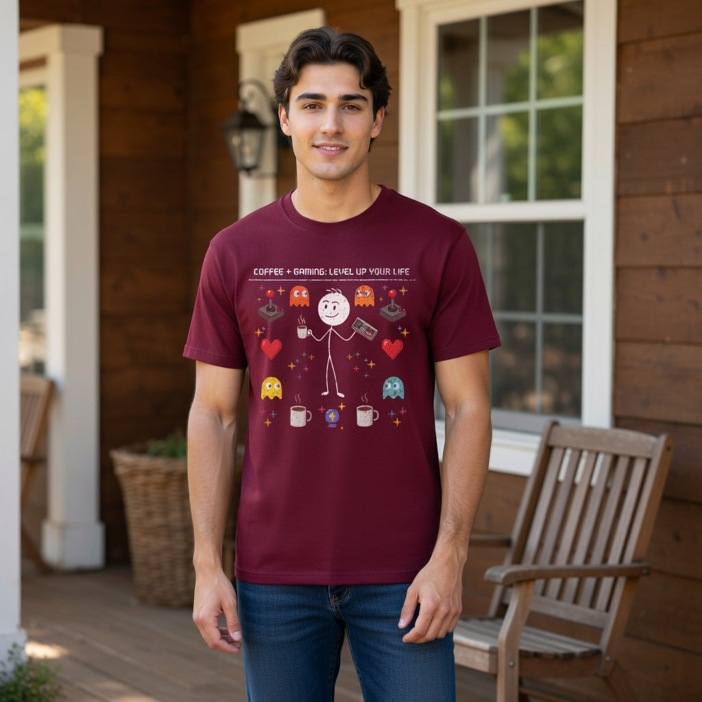 A man wearing a burgundy t-shirt with a distressed gaming stick figure graphic.
