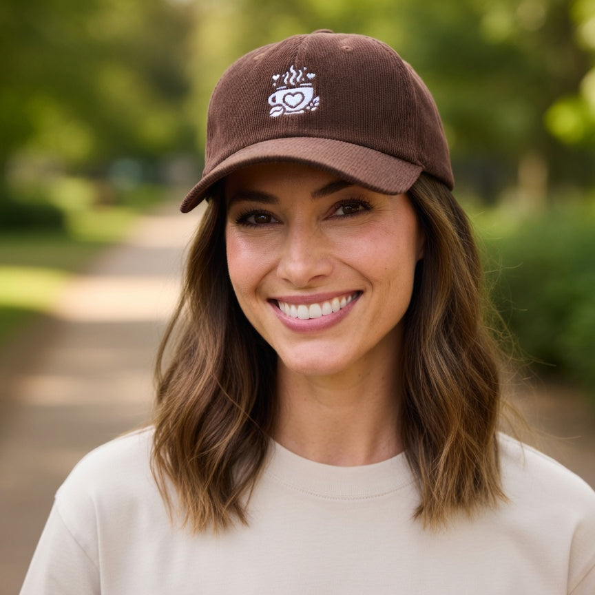 A woman wears a brown corduroy cap featuring an embroidered white coffee cup with a heart logo.