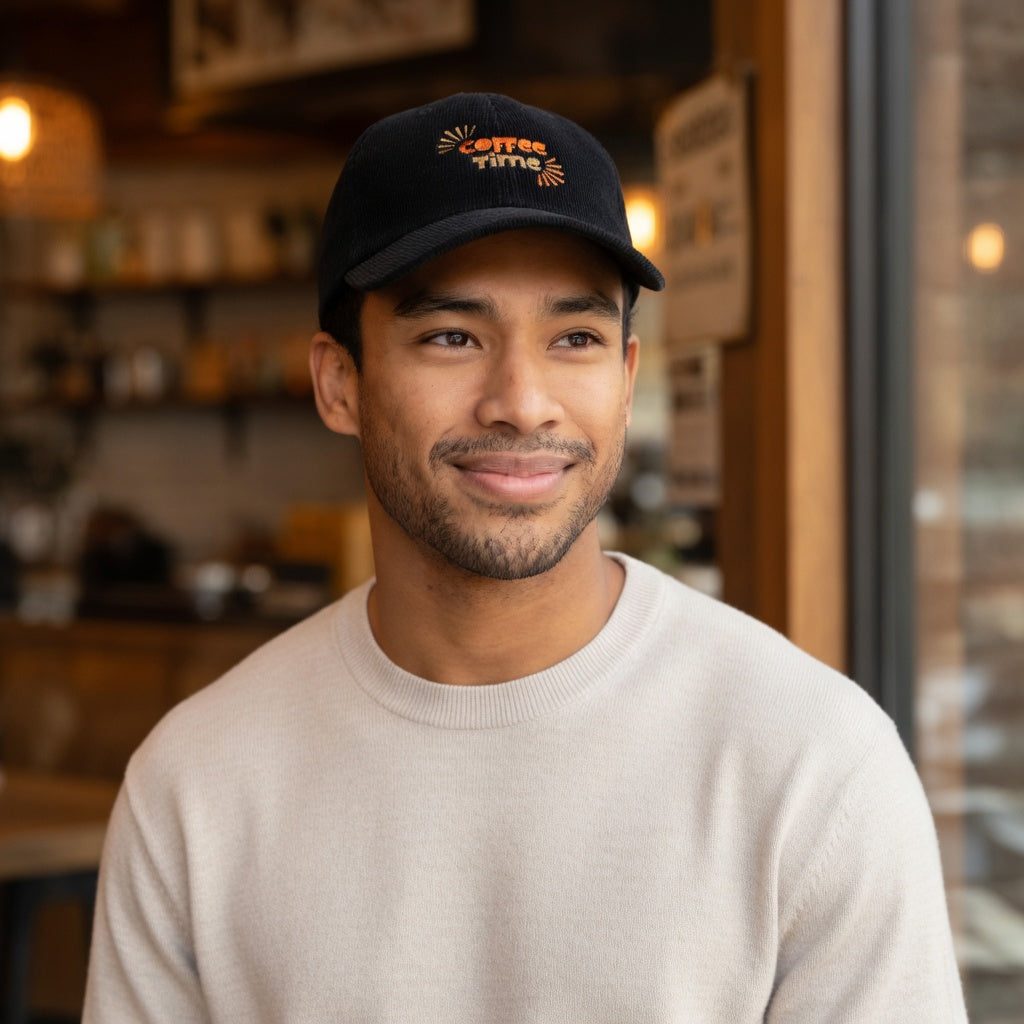 A man wearing a black corduroy cap with Coffee Time embroidered in orange on the front.