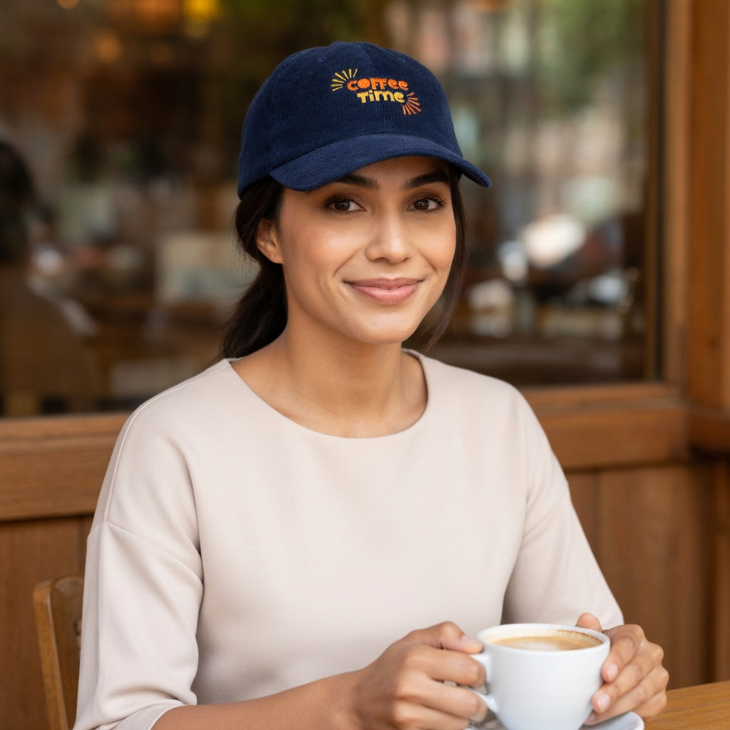 A woman wearing a navy blue corduroy cap with Coffee Time embroidered on the front.