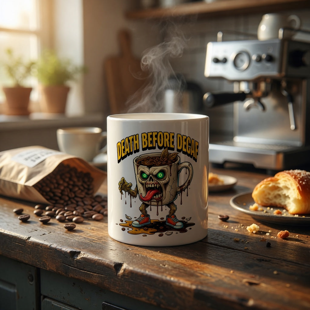 White ceramic coffee mug featuring a funny zombie design and the text Death Before Decaf.