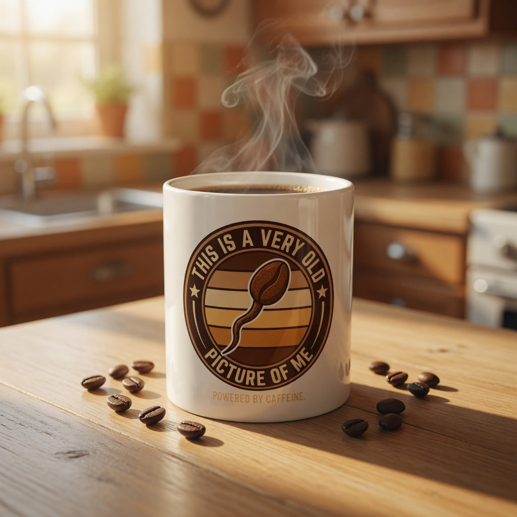 White ceramic mug with a retro coffee bean sperm graphic and humorous text on a wooden table.