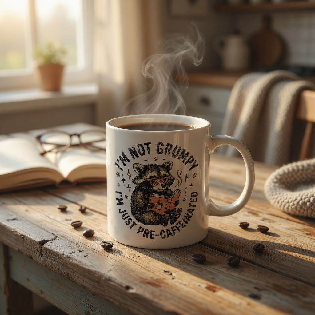 White ceramic mug featuring a raccoon reading a book with the text I'm Not Grumpy I'm Just Pre-Caffeinated.