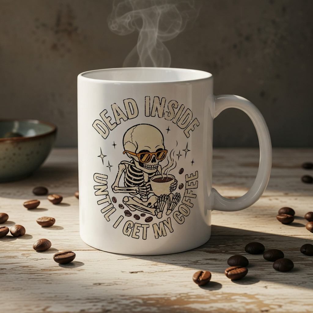 White ceramic mug featuring a skeleton drinking coffee with the text Dead Inside Until I Get My Coffee.