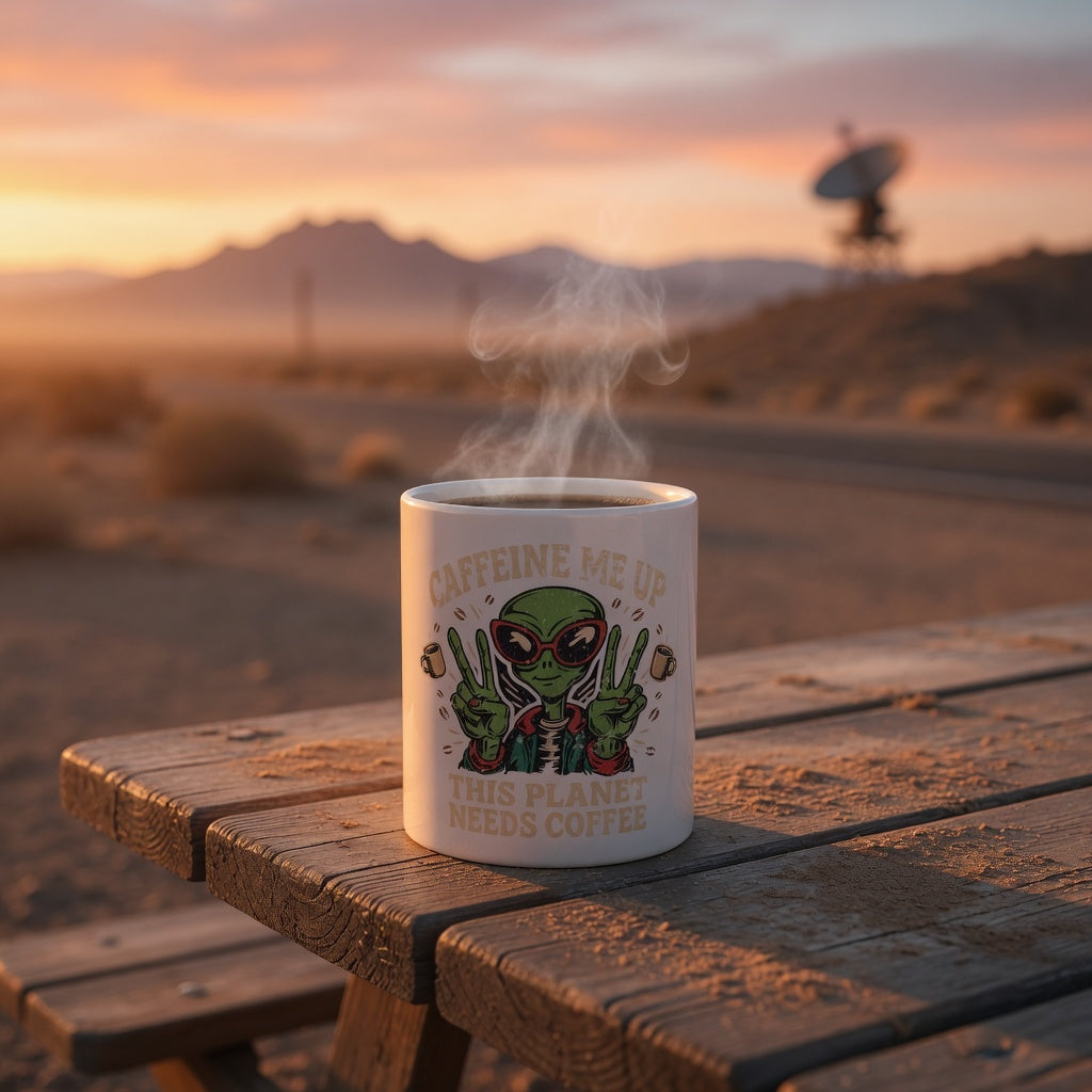 A white ceramic mug with an alien graphic and the text Caffeine Me Up This Planet Needs Coffee.