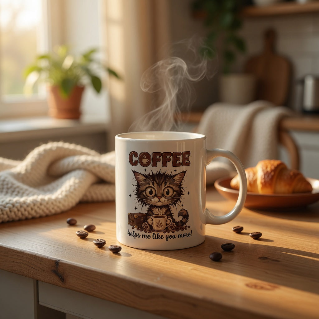 White ceramic mug with a wide-eyed cat and the text Coffee helps me like you more.