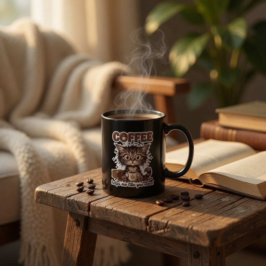 Black ceramic mug with a cartoon cat and the text Coffee helps me like you more.