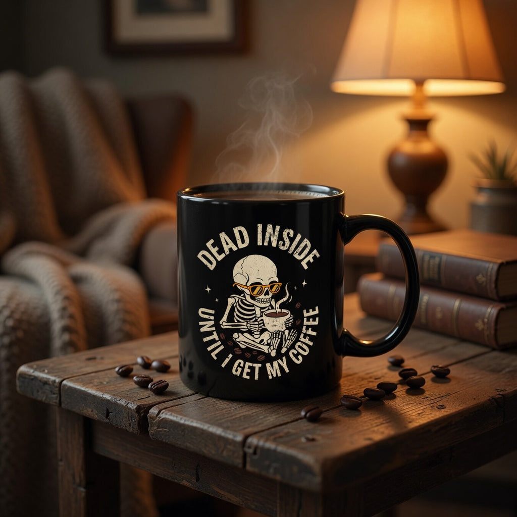 Black ceramic mug featuring a skeleton wearing sunglasses and holding a coffee cup.