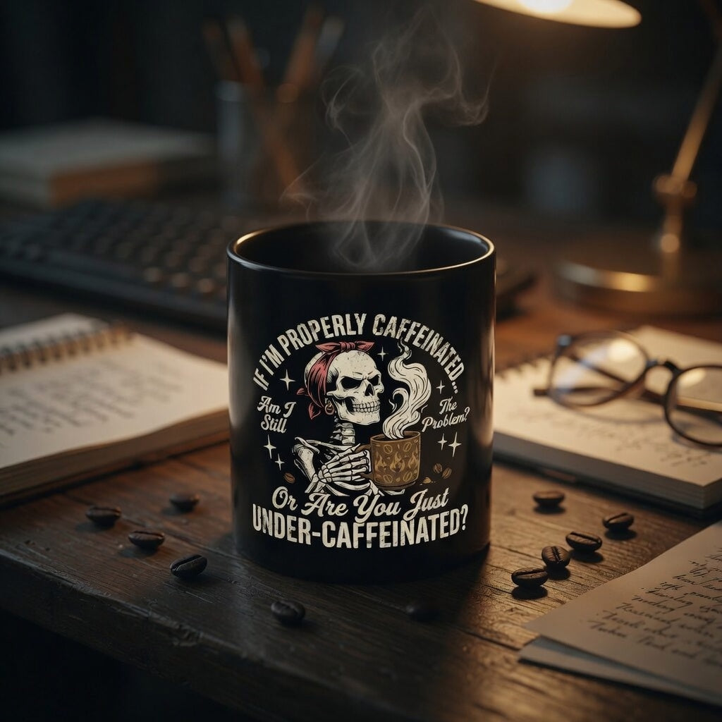 Black ceramic coffee mug featuring a skull illustration and the text about being caffeinated.