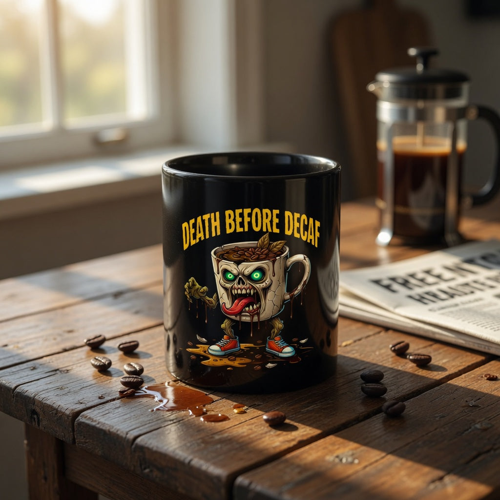 Black ceramic coffee mug featuring a zombie design and the text Death Before Decaf.
