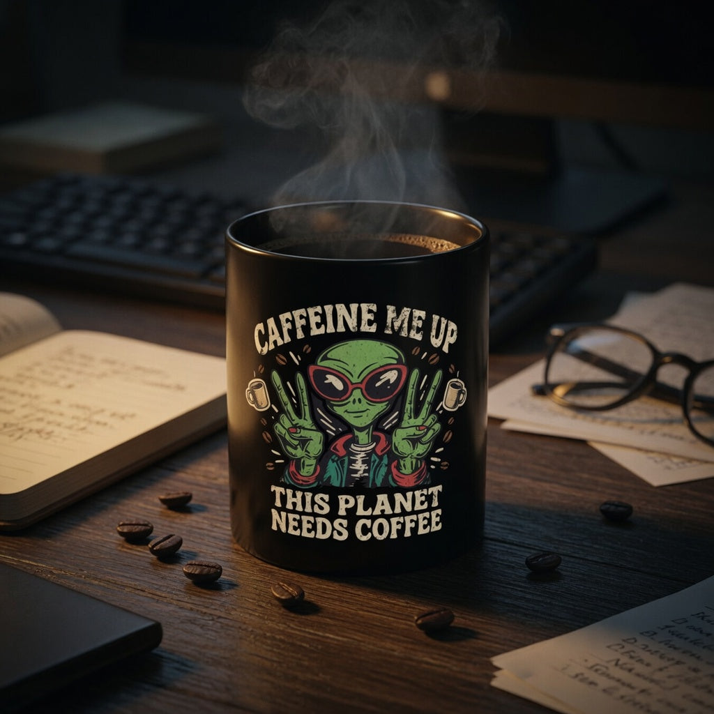 Black ceramic mug with an alien graphic and the text Caffeine Me Up This Planet Needs Coffee.