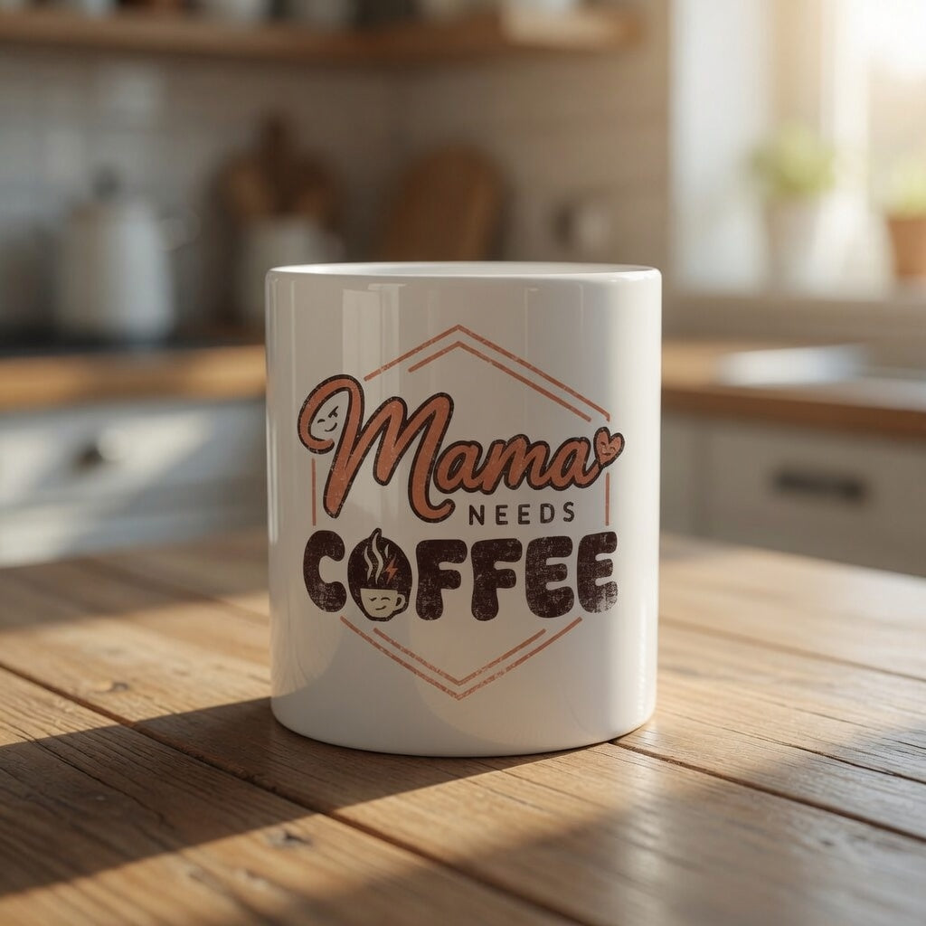White ceramic mug featuring the text Mama Needs Coffee with a small coffee cup icon.