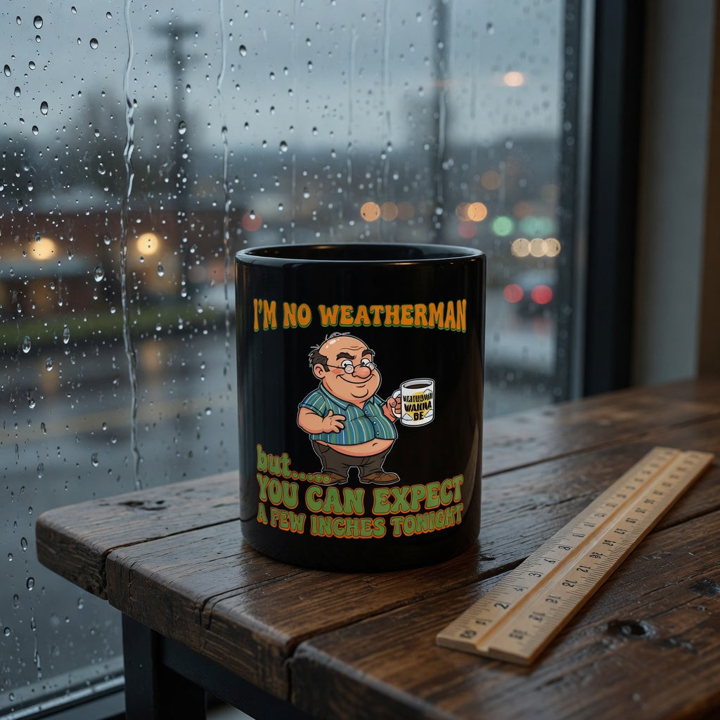 Black 11oz ceramic coffee mug featuring a cartoon man and a humorous weather-themed joke.