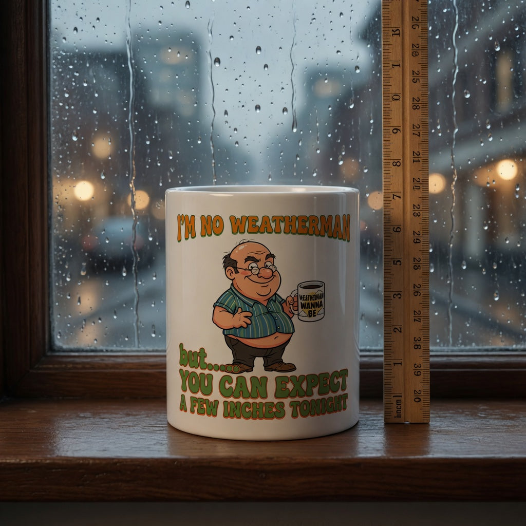 White ceramic mug featuring a cartoon man and the text I’m No Weatherman But You Can Expect Inches.
