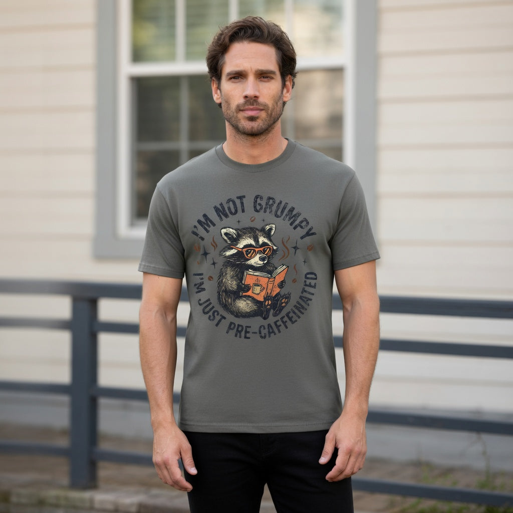 Man wearing a grey t-shirt with a raccoon reading a book and the text I'm not grumpy.
