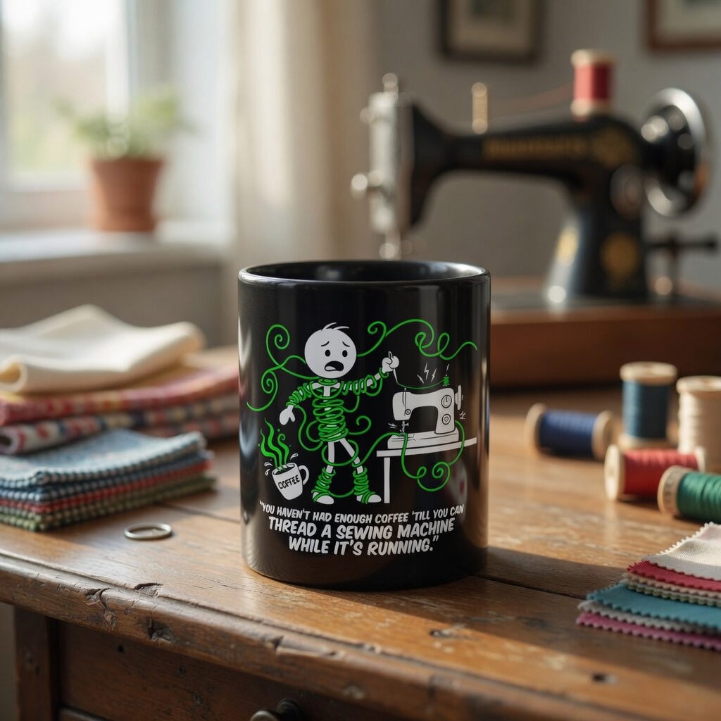 Black ceramic coffee mug featuring a cartoon stick figure tangled in green sewing machine thread.