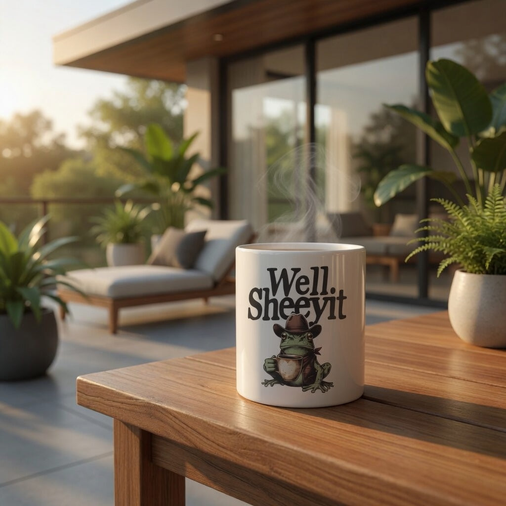 White ceramic mug featuring a cowboy frog illustration and the text Well. Sheeyit.